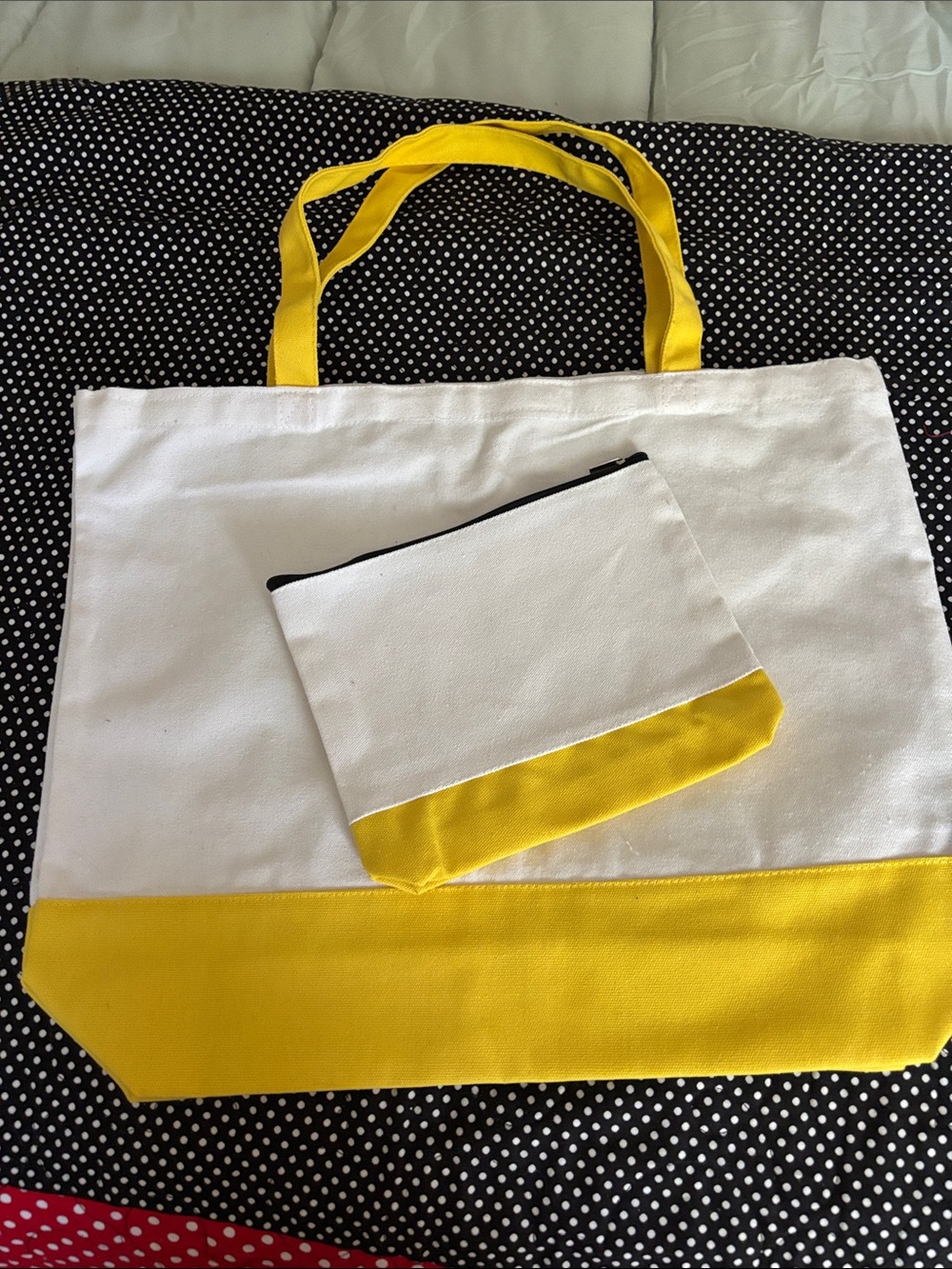 Canvas Two-Tone Yellow and White Tote with Matching Pouch